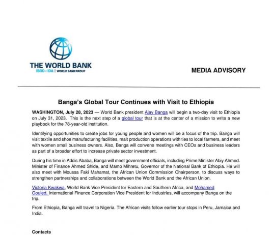 Banga’s Global Tour Continues with Visit to Ethiopia